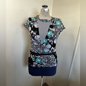 Pinadas Vintage Black/White/Teal Floral Short Sleeve Shirt Women’s Medium Petite